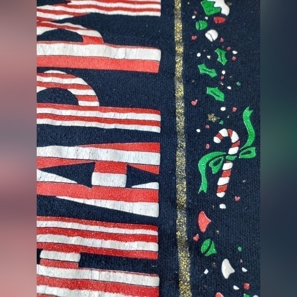 VINTAGE 90s Holiday Time Men's Large Sweatshirt AOP Christmas Crewneck Black USA - Picture 6 of 9